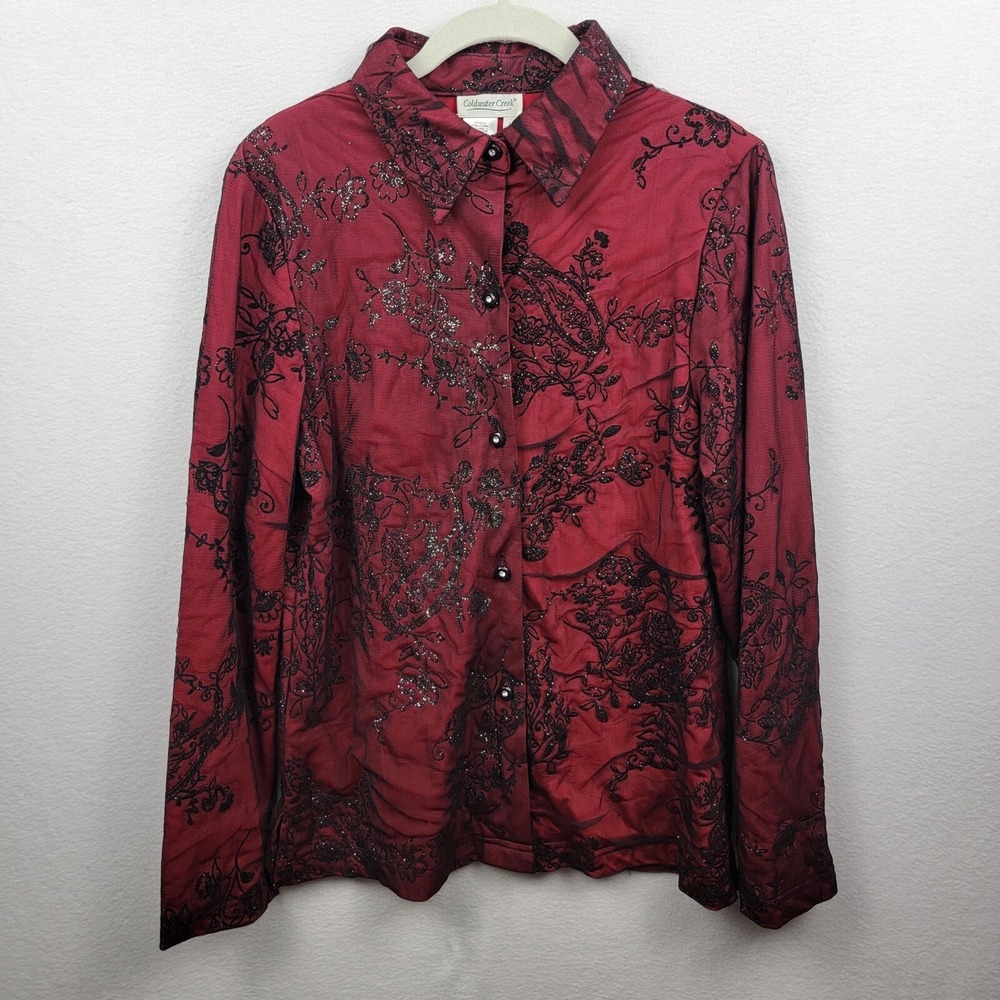 Coldwater Creek Womens Size M Red Black Lace Rose Dress Blazer Shirt Button Up